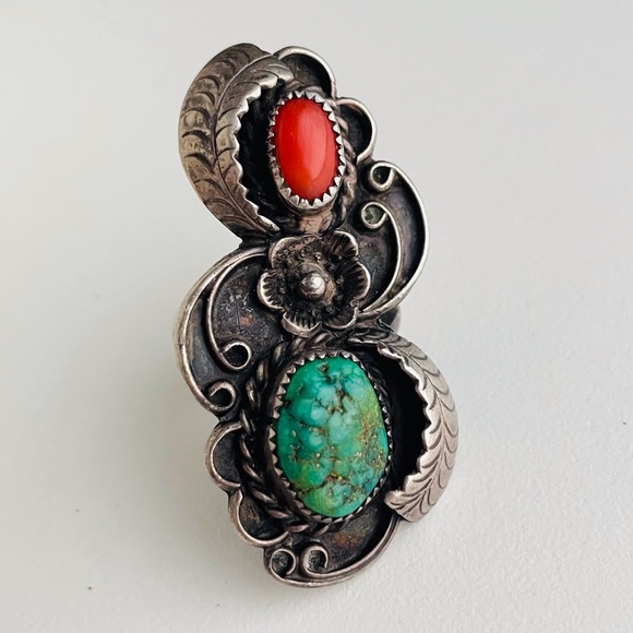 Vintage sterling silver Turquoise coral flower Navajo Ring - Picture 6 of 15